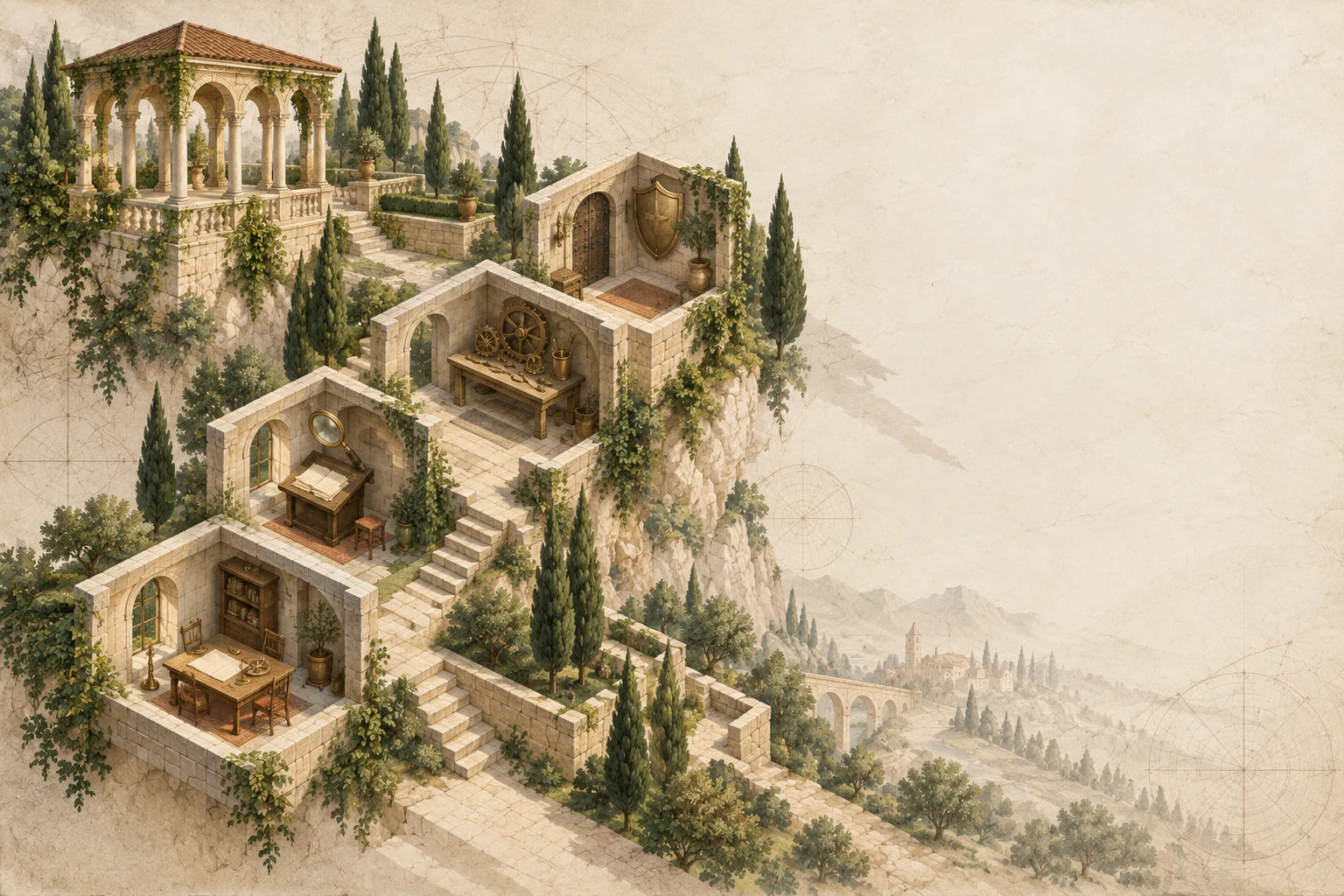 Painted map of a small academy on a hill with four rooms joined by stairs