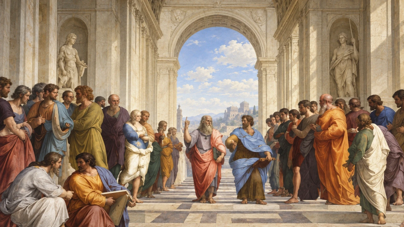 A monumental Renaissance academy with receding arches and a gathering of thinkers in coloured robes