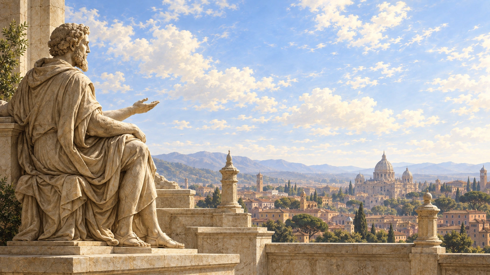 A seated classical statue on the left overlooking a warm city panorama and open sky