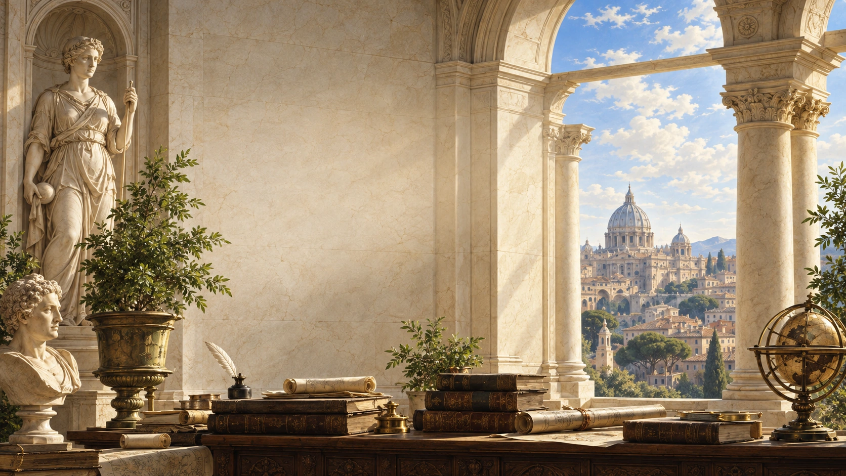A limestone loggia with a classical statue, books and instruments, greenery and a distant domed city