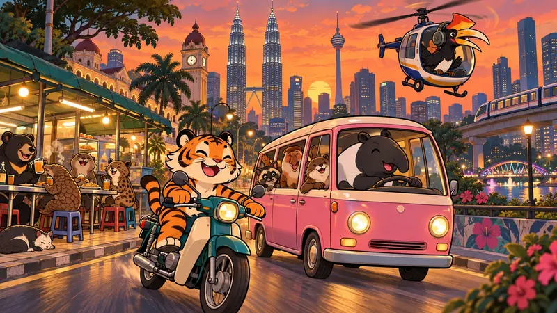 A tiger on a kapcai beside a pink van, a hornbill flying a helicopter, and the KL skyline at sunset