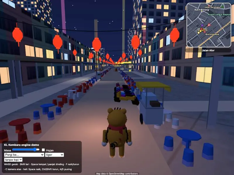 A bear walking down Jalan Alor at night in KL Kembara