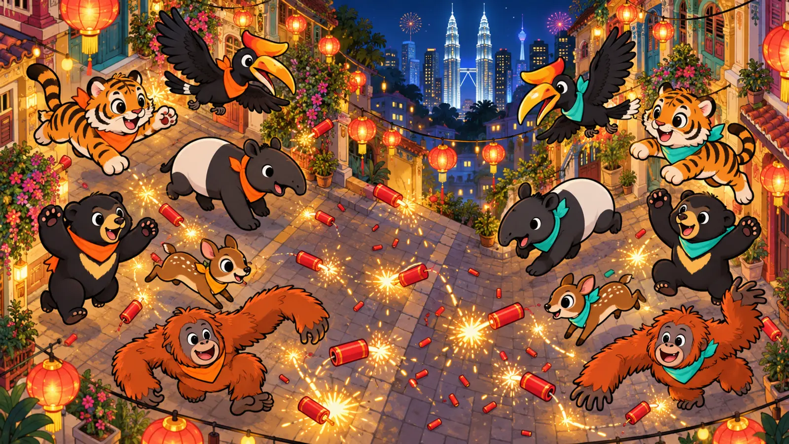 Cartoon tigers, tapirs, hornbills, sun bears and orang-utans with firecrackers on a lantern-lit KL street