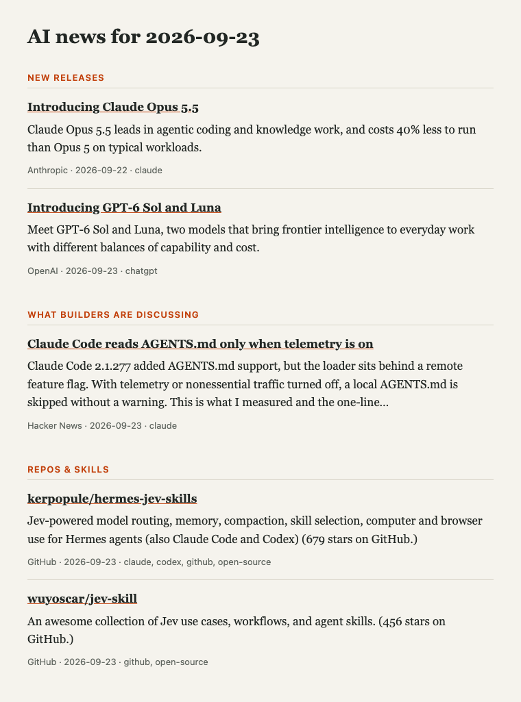 The preview page from a real run: five picks, each with its source, date and a short summary