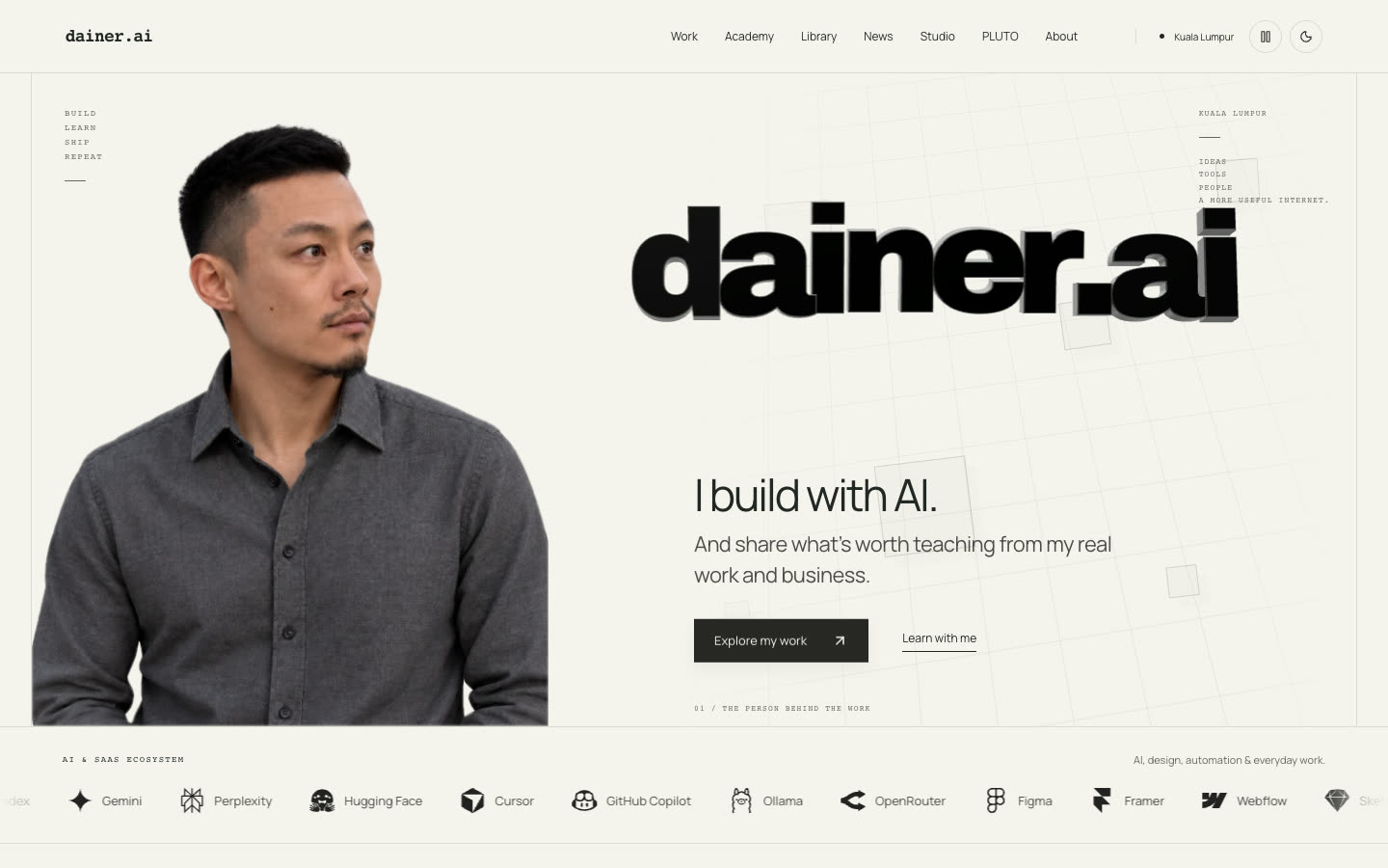 The dainer.ai home page on desktop: the large wordmark, the person, and two clear actions
