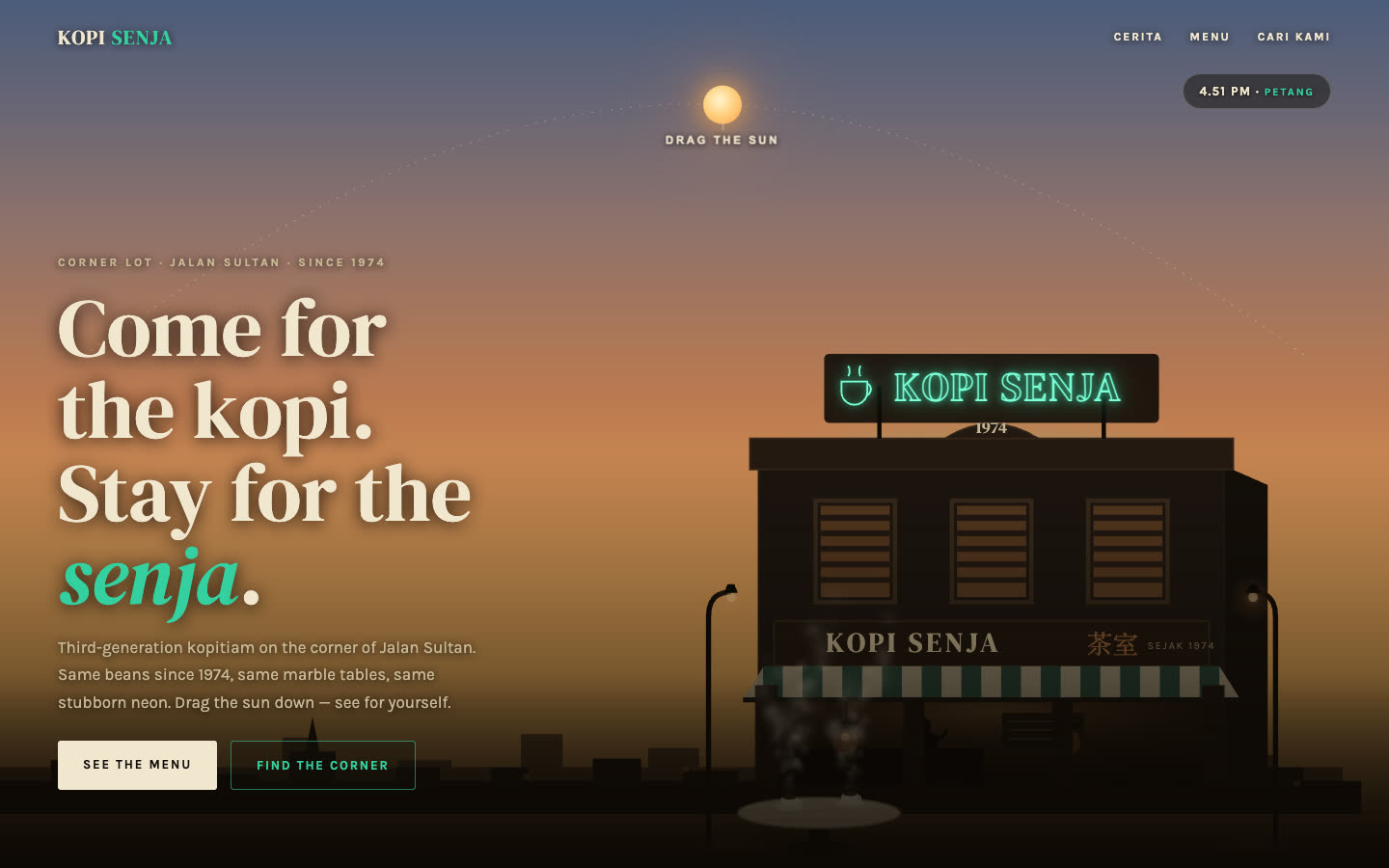 Kopi Senja concept study at 4.51 pm, with the sun high on its arc, a "drag the sun" handle and the shop's neon sign already lit