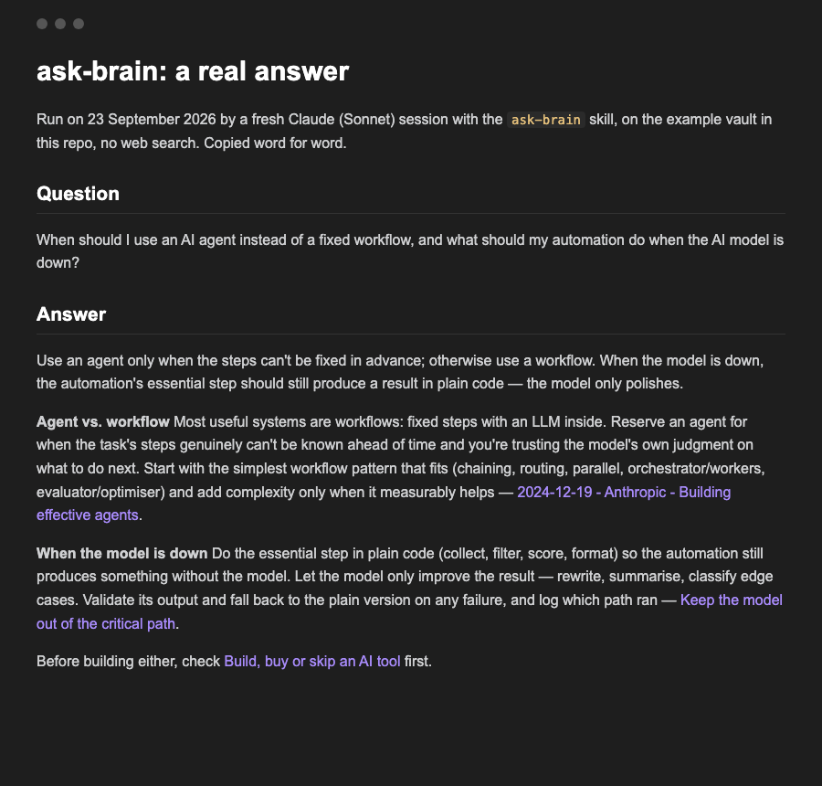 An answer that cites three notes from the vault: use an agent only when the steps cannot be fixed in advance, and keep the essential step in plain code
