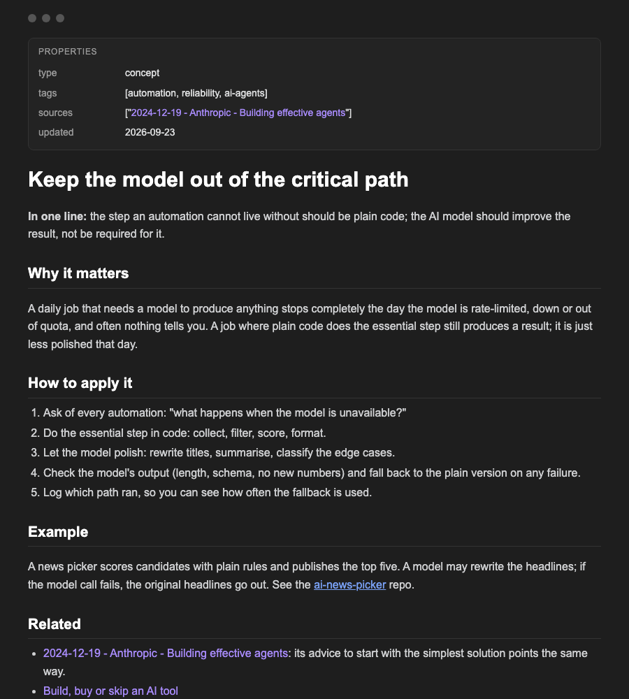 An idea note, "Keep the model out of the critical path", with why it matters, how to apply it and links to its sources