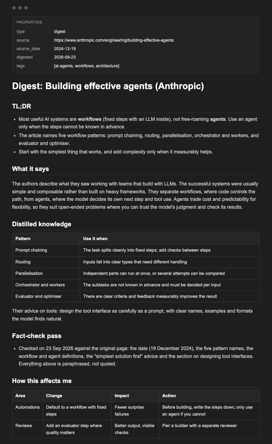 A digest note: summary, a table of the article's patterns, the fact-check of its top claims and an action table